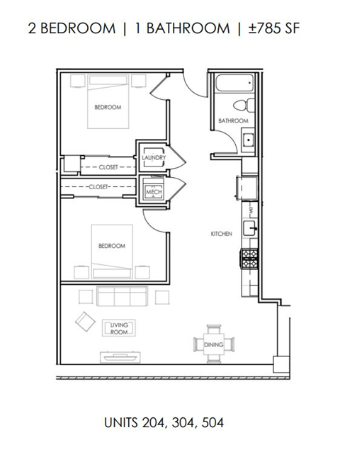 Floor plan for 2 beds, 1 bath, 785 sqft